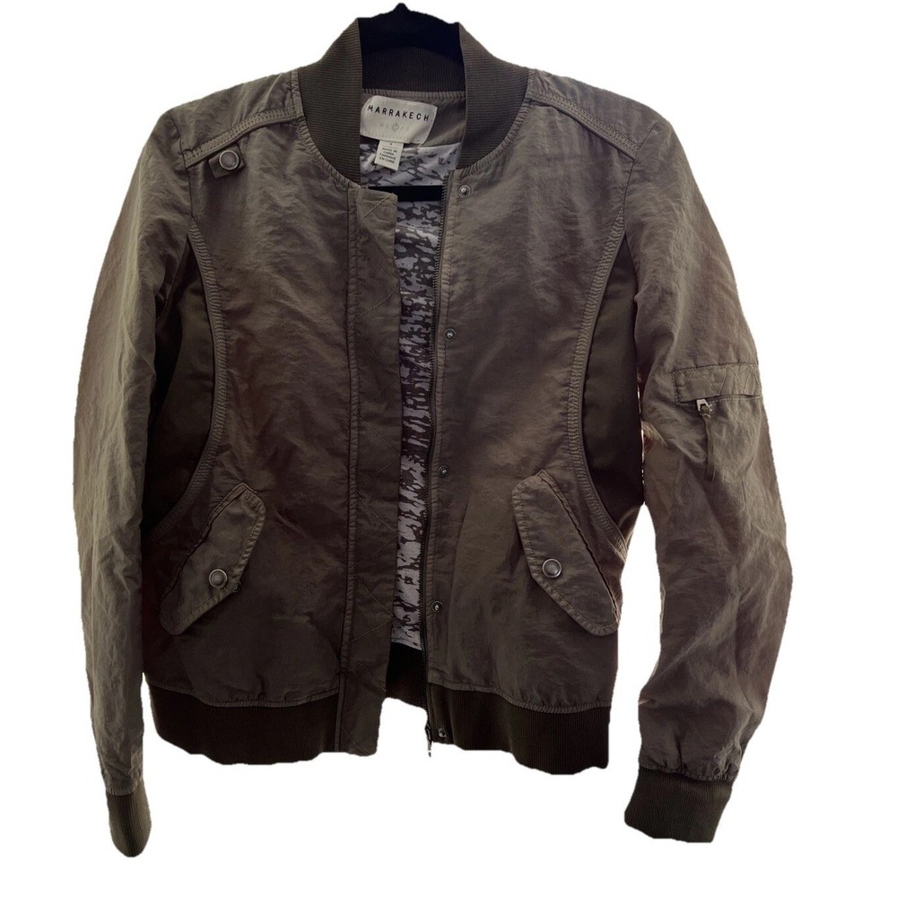 Marrakech Womens Olive Green Mixed Media Bomber Jacket Full Zip Utility‎ Size S